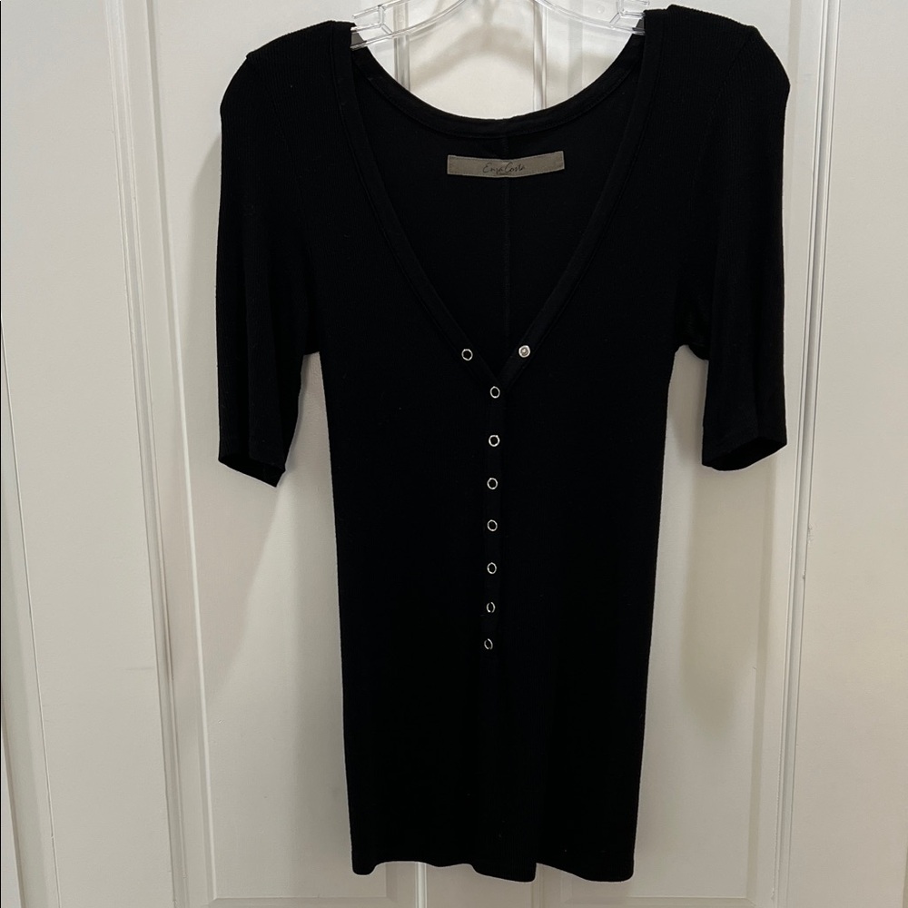 Enza Costa Black silk stretch ribbed snap V-Neck half sleeve